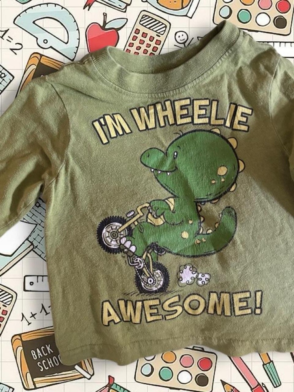 Kids Olive Green Dino Graphic Long-Sleeve Tee - "I'm Wheelie Awesome!"Size 6-12M